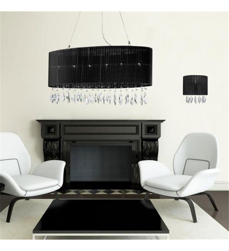 Lampa wisząca Sidney Black czarny owalna abażur materiałowy z akrylowymi kryształkami nad stół do jadalni salonu sypialni