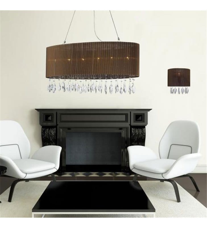 Podłużna brązowa lampa wisząca Sidney Brown elegancka z akrylowymi zawiesiami nad stół do jadalni salonu sypialni
