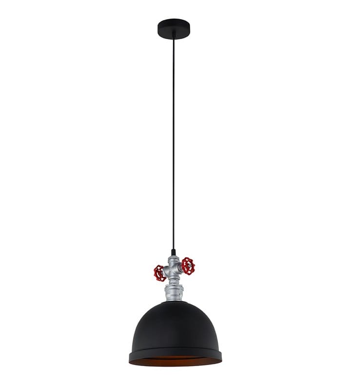 Industrialna metalowa okrągła czarna lampa zwisająca Mokka z czerwonymi zaworami