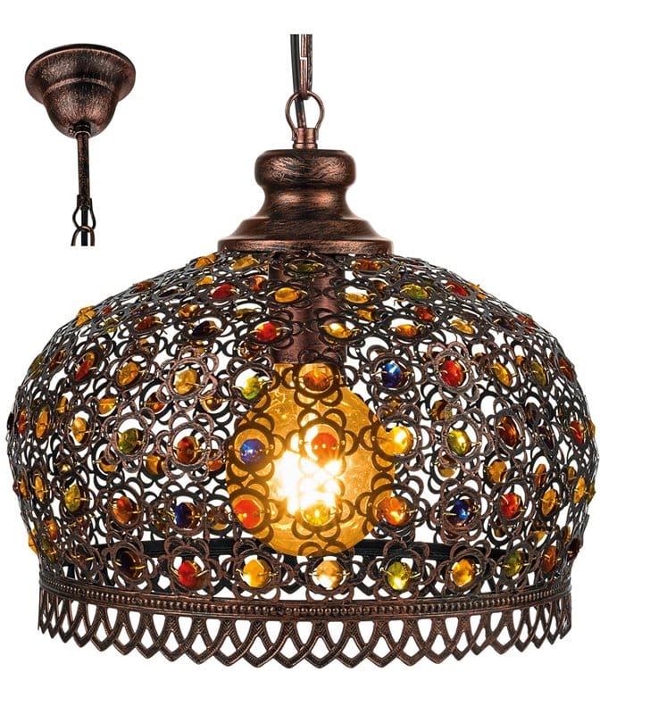 Orientalna lampa wisząca Jadida w kolorze antycznej miedzi z kolorowymi ozdobami