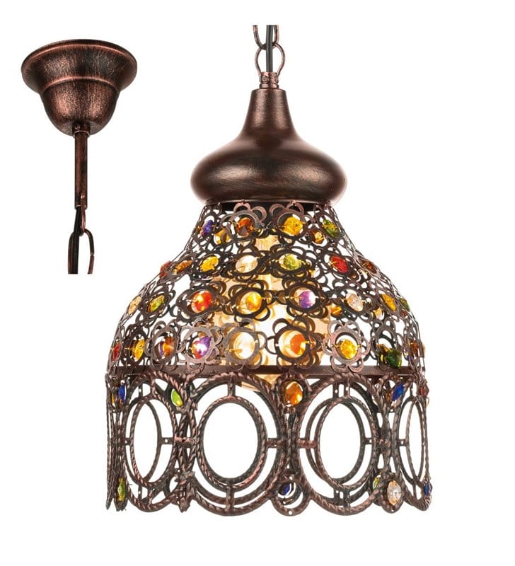 Jadida orientalna wisząca lampa vintage w kolorze antycznej miedzi z kolorowymi ozdobami