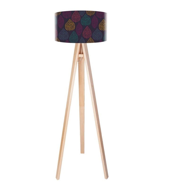 Lampa stojąca Listkowy Motyw z ciemnym abażurem ze wzorem kolorowych liści
