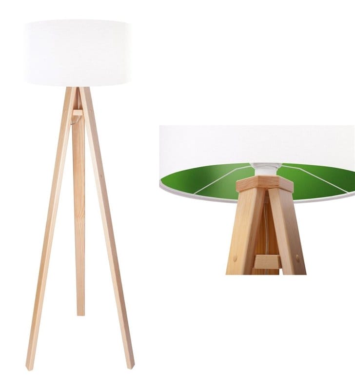 Lampa podłogowa Lilia Zielona biały abażur z zielonym środkiem podstawa z drewna sosna