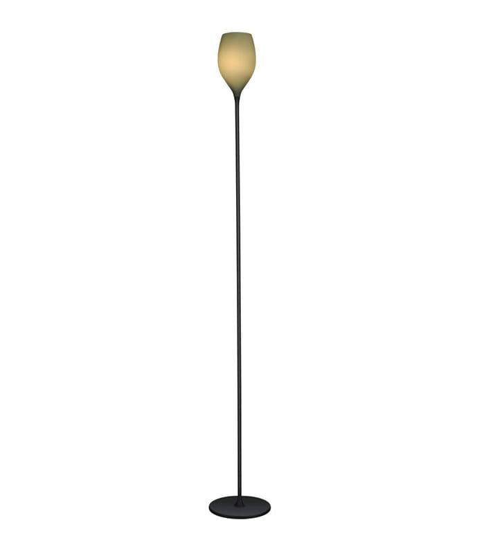 Minimalistyczna wąska czarna lampa stojąca Izza z oliwkowym szklanym kloszem