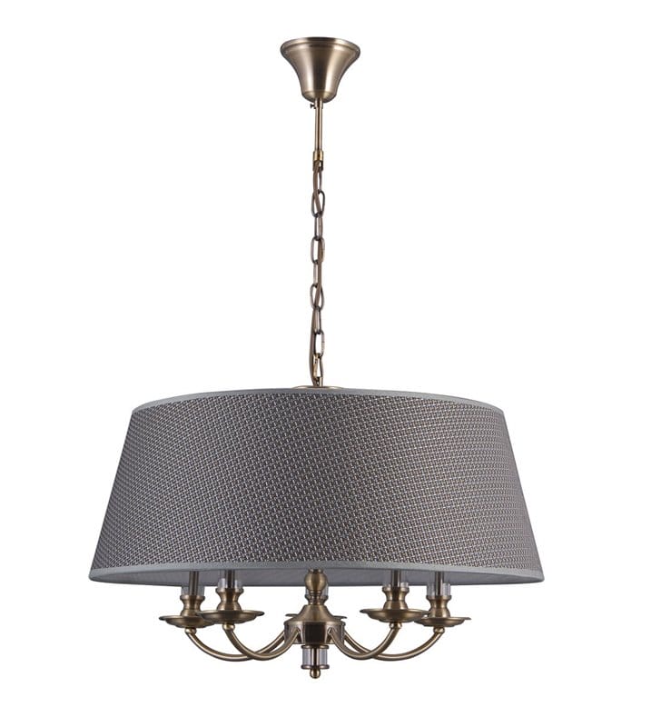 Żyrandol lampa wisząca Zanobi 5 ramienny żyrandol świecznikowy z szarym tekstylnym abażurem 60cm do salonu jadalni sypialni
