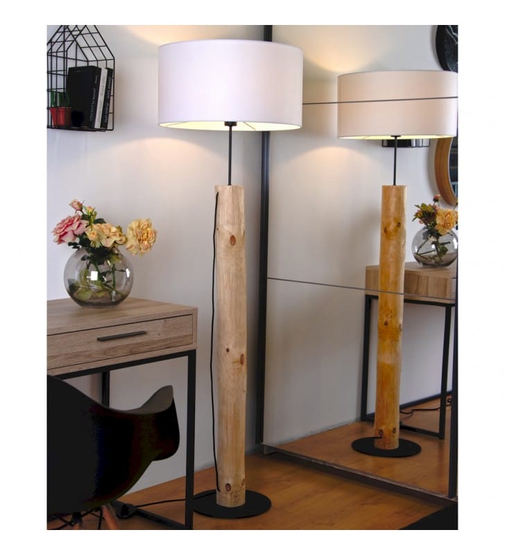 Lampa podłogowa Pino podstawa z naturalnego drewna sosnowego biały tekstylny abażur