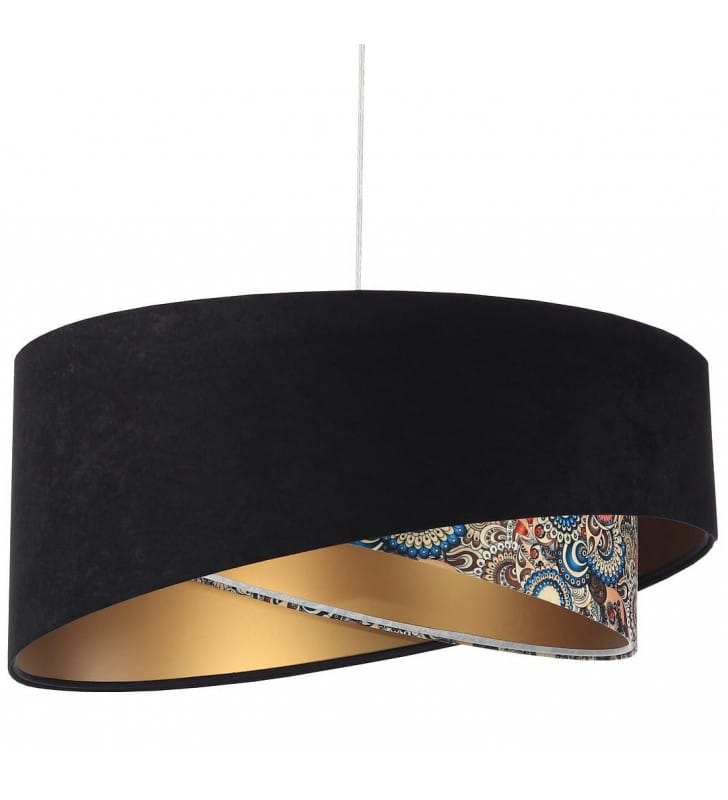 Asymetryczna lampa wisząca Boni czarna z dekoracyjnym abażurem we wzory - OD RĘKI
