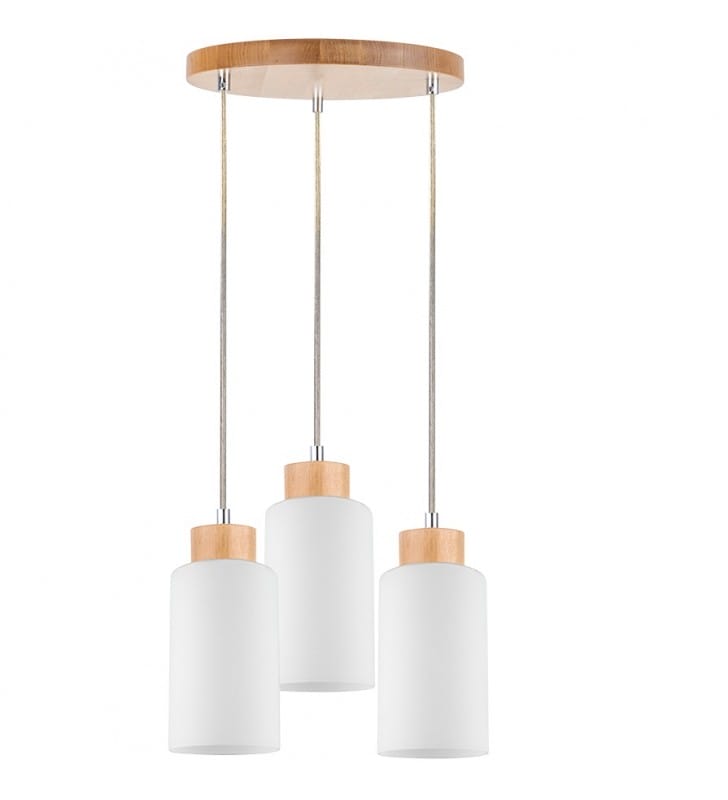 Okrągła potrójna lampa z drewna Bosco białe klosze ze szkła do salonu nad stół do jadalni do kuchni