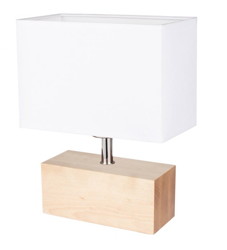 Niska lampa stołowa z drewnianą podstawą Theo biały prostokątny abażur