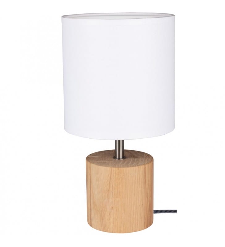 Trongo lampa stołowa z drewnianą dębową podstawą przewód antracytowy w oplocie włącznik na kablu