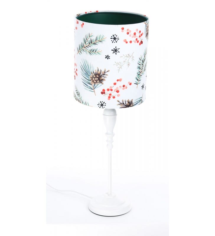 Lampka stołowa Christmas2 abażur z weluru ze świątecznym wzorem wewnątrz zielony biała podstawa