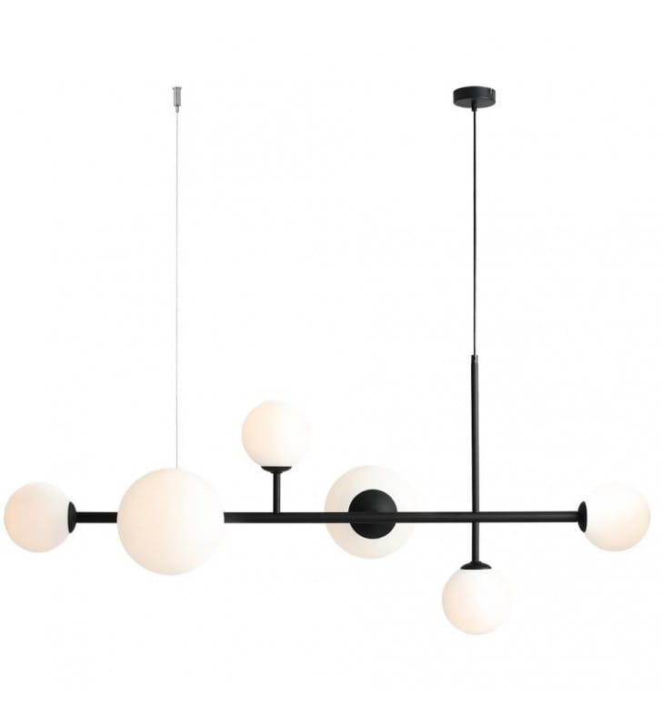 Lampa wisząca z 6 okrągłymi kloszami Dione czarna pozioma np. nad duży prostokątny stół do kuchni jadalni salonu