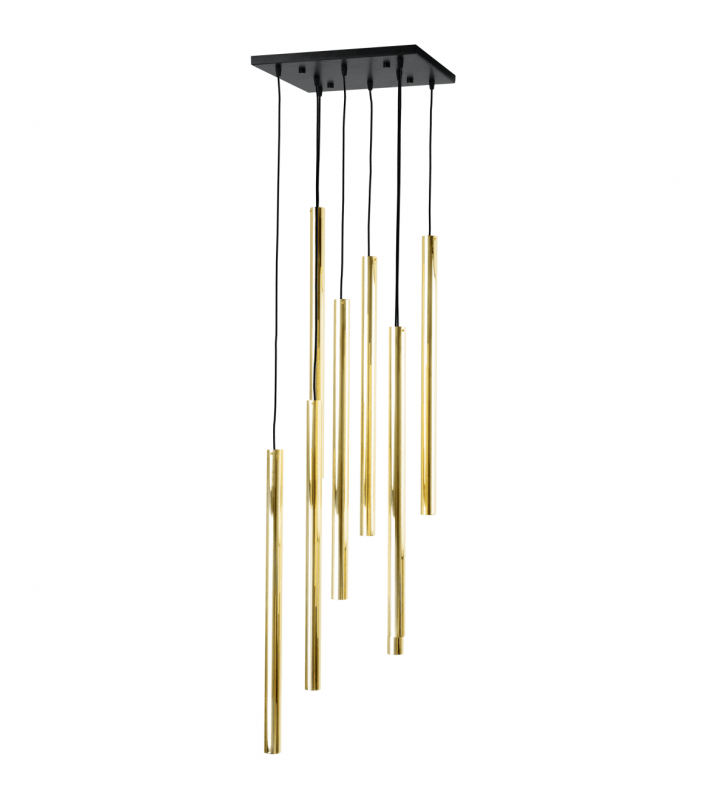 Lampa wisząca Akadi 8 złotych kloszy na kwadratowej czarnej podsufitce nowoczesna np. nad schody