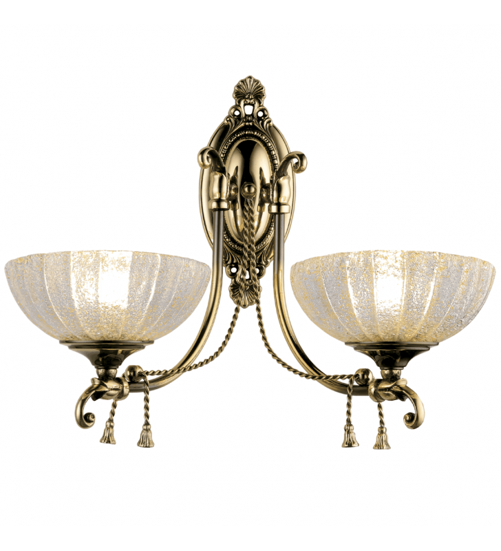 Podwójny elegancki stylowy kinkiet Granada zdobiony mosiężny korpus patyna połysk szklane klosze w górę