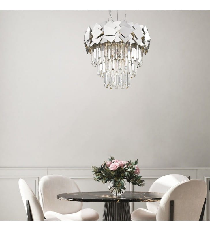Lampa wisząca Quasar srebrna z podłużnymi kryształami np. nad okrągły stół do jadalni salonu