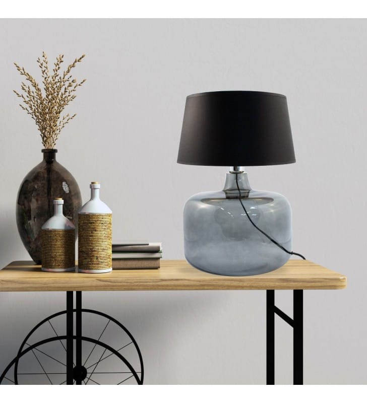 Lampa stołowa Batumi szklana dymiona podstawa czarny abażur ze złotym środkiem do salonu sypialni na komodę stolik nocny