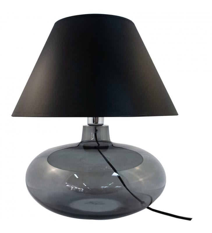 Lampa stołowa Adana 44cm szklana pękata dymiona podstawa czarny abażur włącznik na kablu