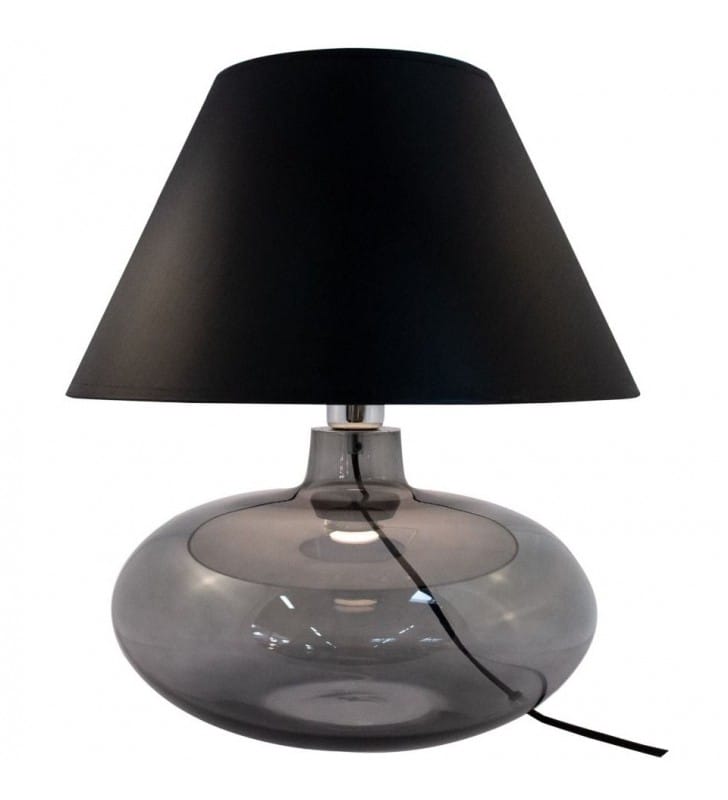 Lampa stołowa Adana 44cm szklana pękata dymiona podstawa czarny abażur włącznik na kablu