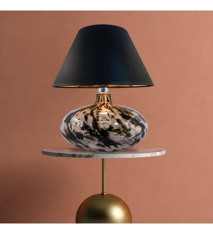Lampa stołowa Adana 44cm abażur z tkaniny czarno złoty podstawa szklana włącznik na przewodzie