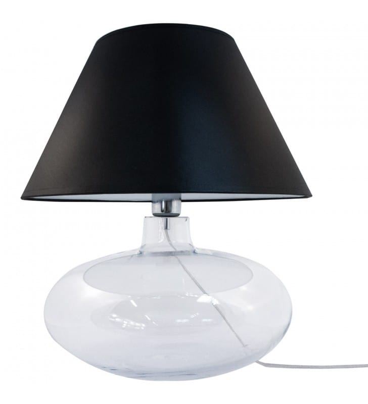 Czarna szklana lampa stołowa Adana bezbarwna pękata podstawa wysokość 44cm włącznik na kablu