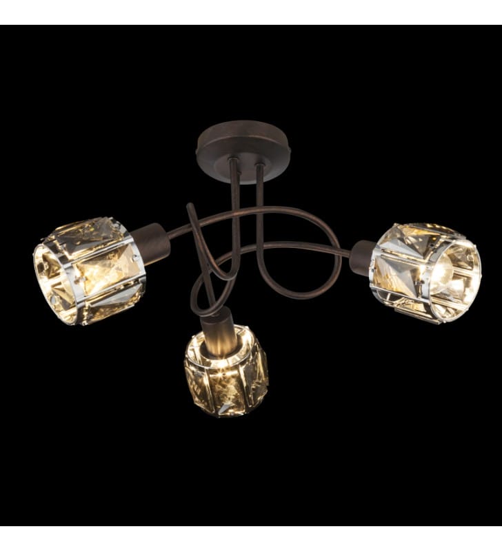 3 punktowa brązowa lampa sufitowa z zawijanymi ramionami Indiana 3 kryształowe klosze