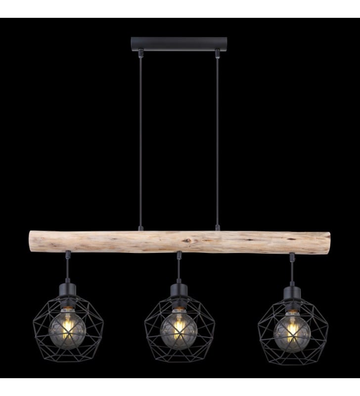Drewniana lampa wisząca z 3 drucianymi kloszami belka drewna 3 zwisy styl vintage do jadalni nad stół nad wyspę kuchenną