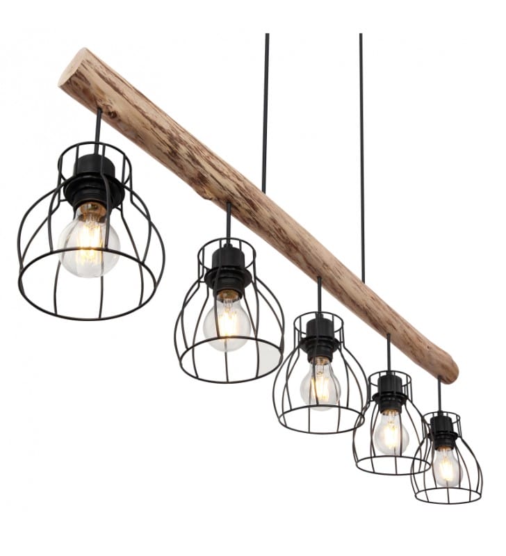 Mina lampa wisząca w stylu vintage czarna 5 drucianych kloszy na drewnianej belce Globo Lighting