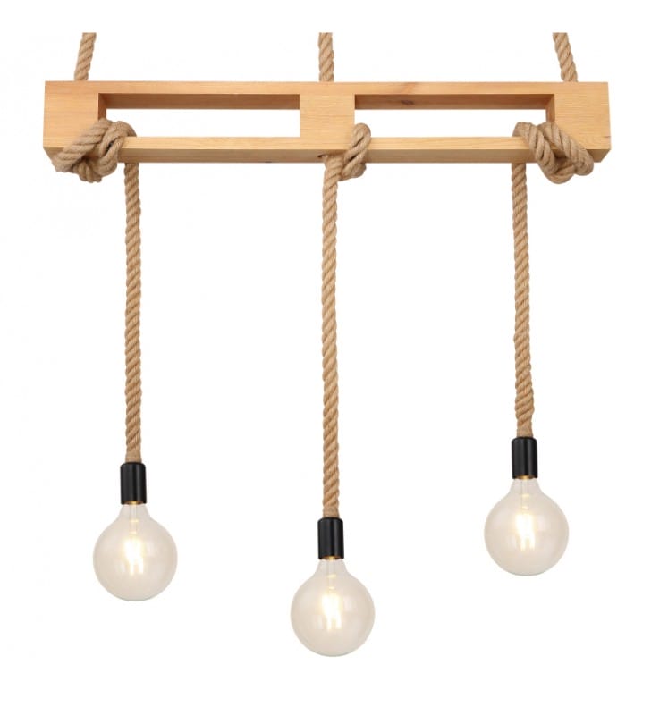 Lampa wisząca Ulleu w stylu vintage drewniana na linach konopnych 3 zwisy