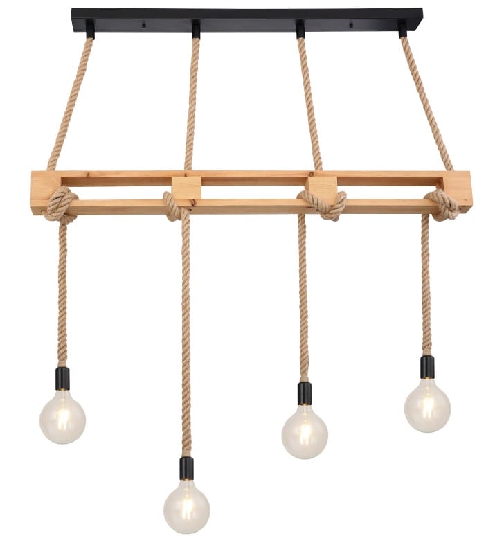 Lampa wisząca Ulleu na 4 żarówki stylu eko vintage drewniana lampa na linach konopnych