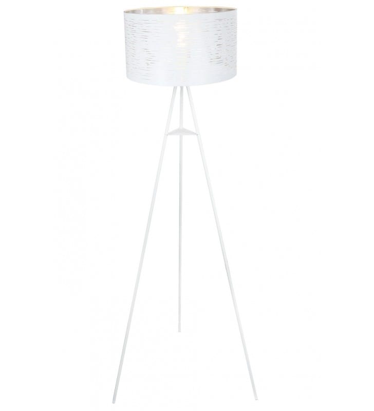 Lampa podłogowa do salonu na 3 metalowych białych nogach Barca klosz biały ze srebrnym wnętrzem
