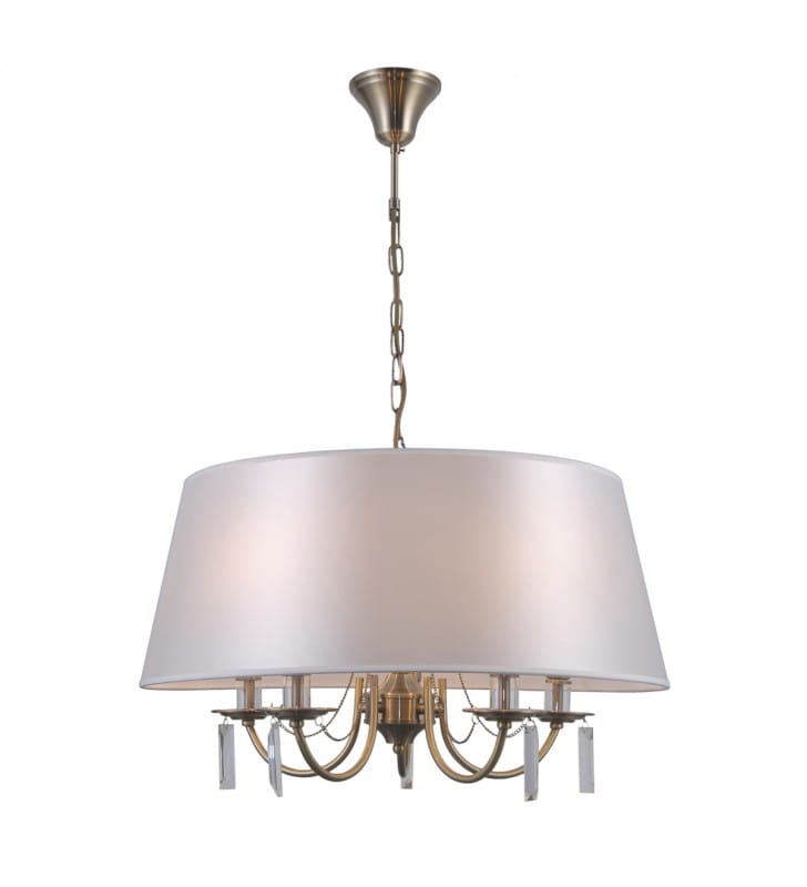 Klasyczna lampa wisząca Solana 5 ramienna z białym abażurem kryształki do sypialni jadalni salonu