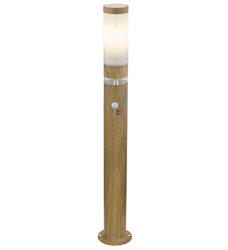Słupek ogrodowy Jaicy z czujnikiem ruchu 80cm imitacja drewna tuba klosz opal E27 IP44