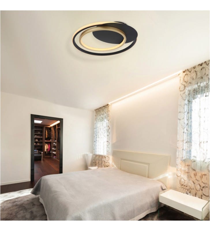 Czarno złoty nowoczesny plafon do sypialni Rodan LED z pilotem ściemniacz zmiana barwy światła oświetlenie nocne