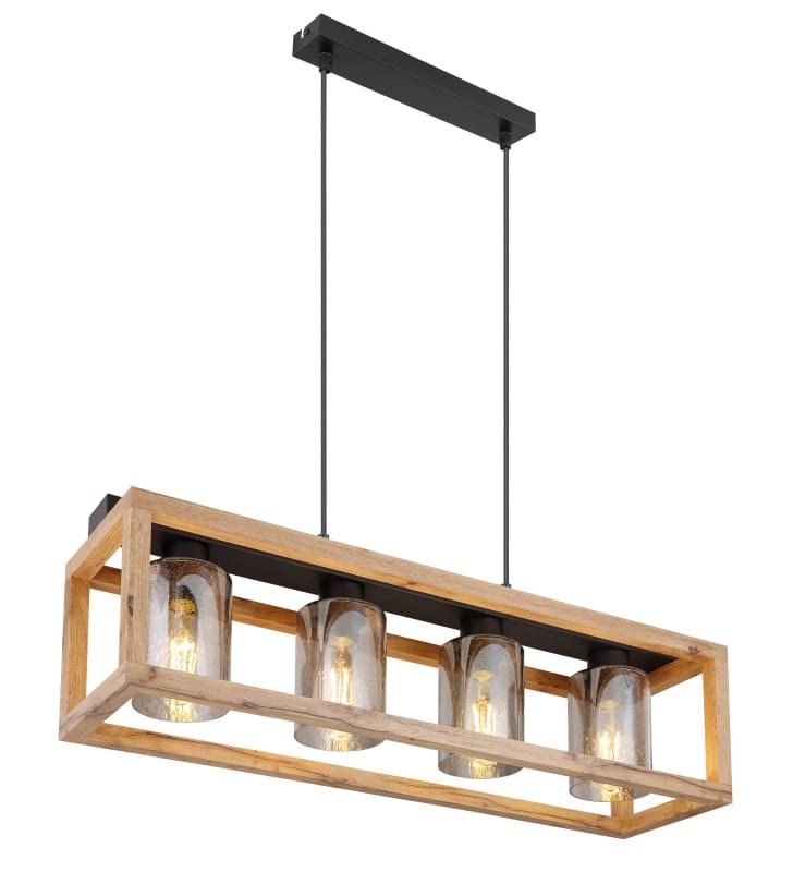 Drewniana prostokątna lampa wisząca Pettey 4 dymione klosze szklane do salonu jadalni salonu