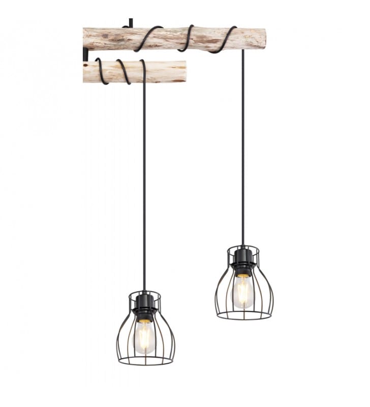 Lampa wisząca w stylu vintage Mina metal czarny 2 drewniane belki 4 druciane klosze