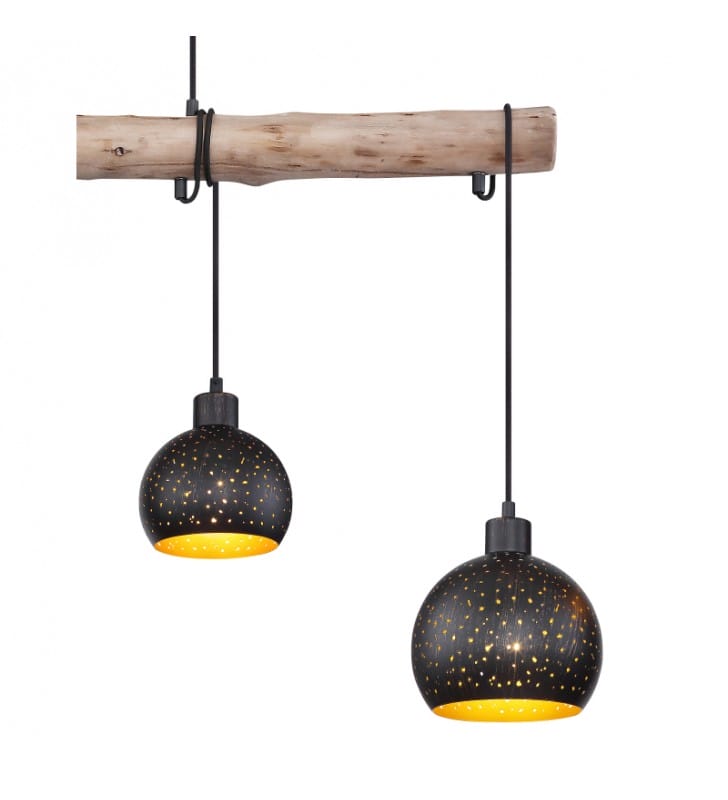Adaja 4 zwisowa lampa na drewnianej belce okrągłe czarno złote metalowe klosze vintage Globo Lighting