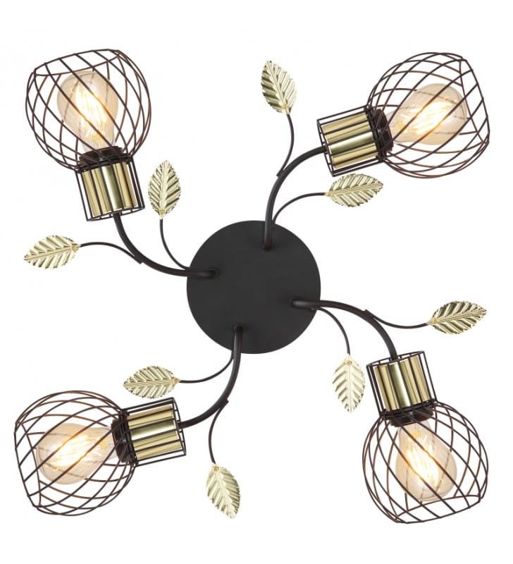 Czarno złota 4 pkt lampa sufitowa Lally druciane klosze dekoracyjne listki