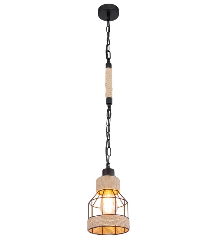 Pojedyncza lampa wisząca Halia 14cm metal czarny naturalna lina konopna do salonu kuchni sypialni jadalni