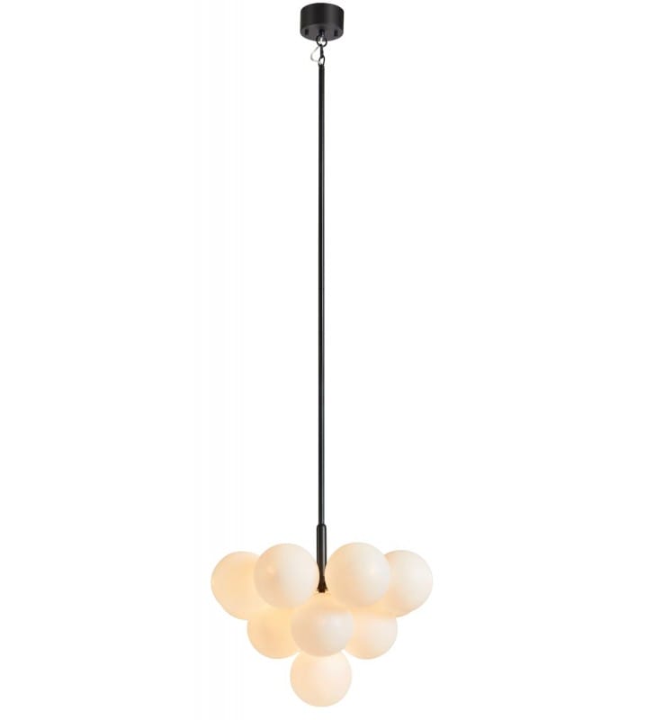 Regulowana lampa wisząca do salonu Merlot czarna długa na sztywna klosze szklane kule