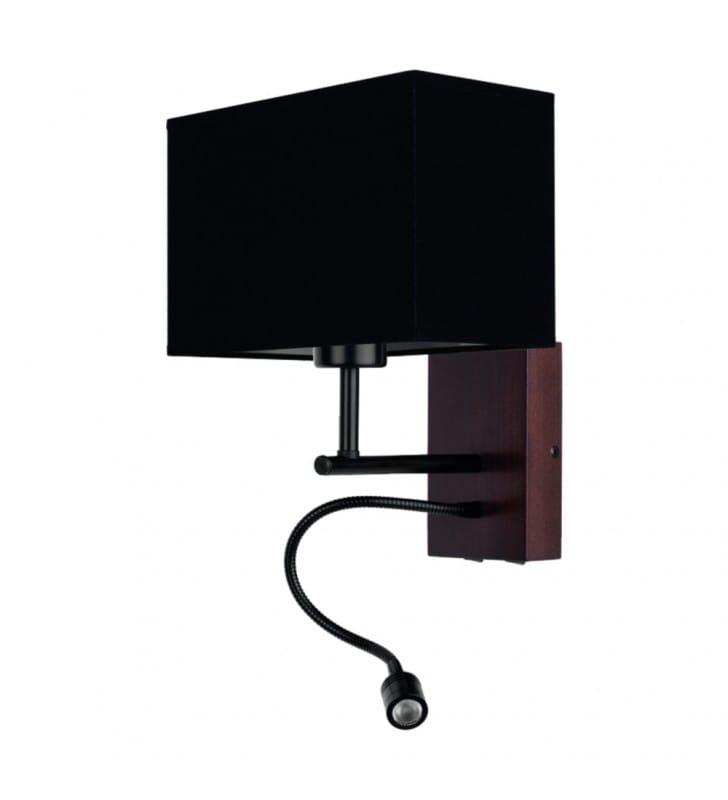 Kinkiet Sonar z oświetleniem do czytania czarny abażur prostokąt ciemne drewno metal 2 włączniki na lampie