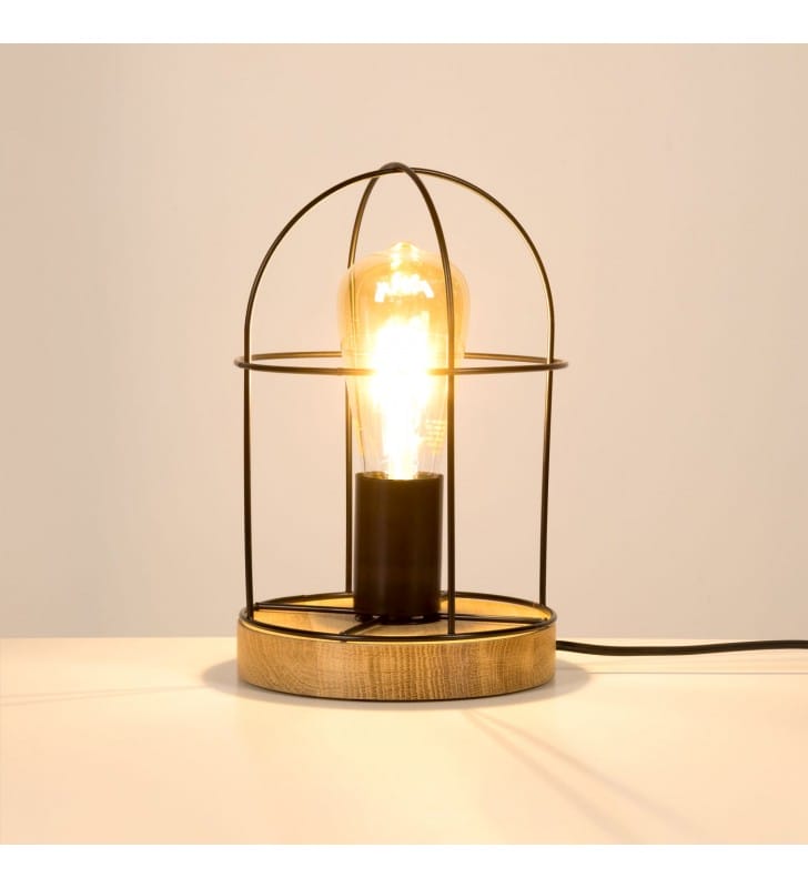 Mała lampka stołowa w stylu loftowy Netuno drewno czarny metal np. do pokoju młodzieżowego