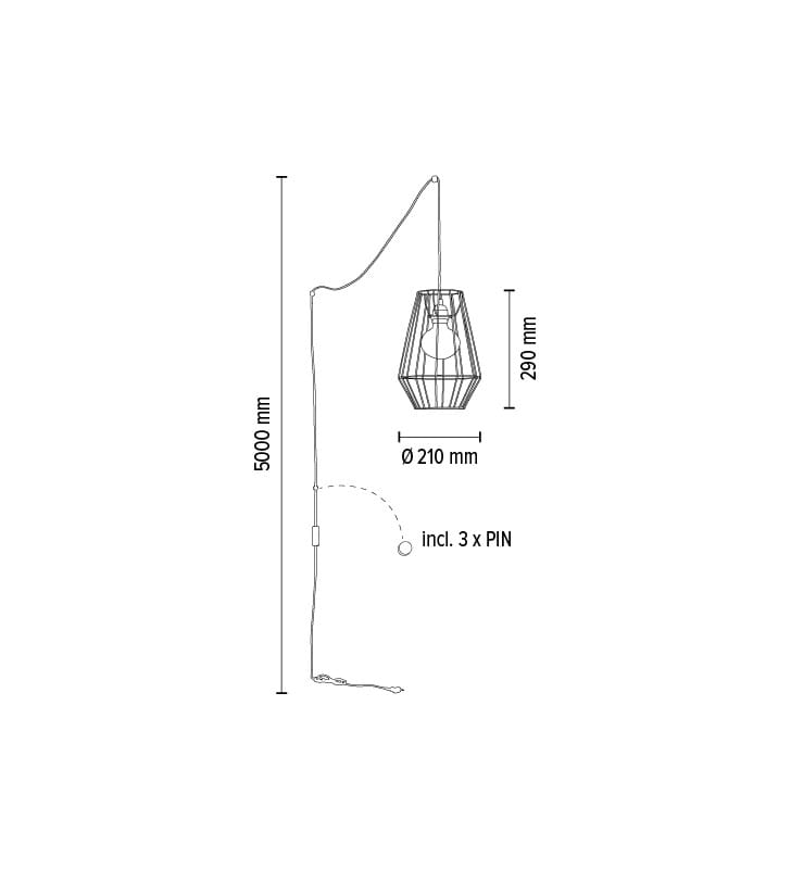 Lampa wisząca Endorfina czarna klosz z drutu długi 5m kabel z włącznikiem i wtyczką do sypialni