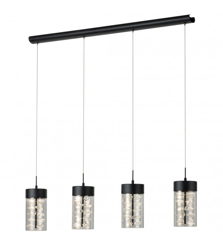 Lampa wisząca Cabezola LED czarna belka 4 bezbarwne klosze z kryształami elegancka stylowa
