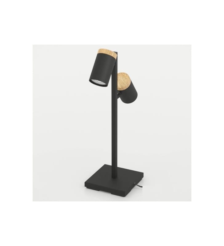 2 kloszowa nowoczesna lampa stołowa Cartagena czarny metal drewno włącznik na kablu 2xGU10