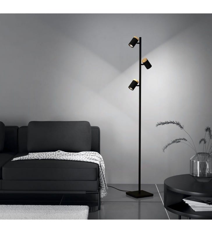 Lampa stojąca Cartagena czarna 3 klosze drewno do salonu sypialni pokoju młodzieżowego 3xGU10