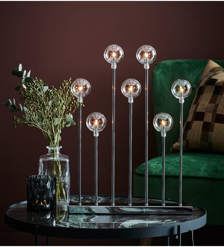 Metalowy dekoracyjny świecznik Junior chrom lampa dekoracyjna z 7 szklanymi bezbarwnymi kloszami kulami