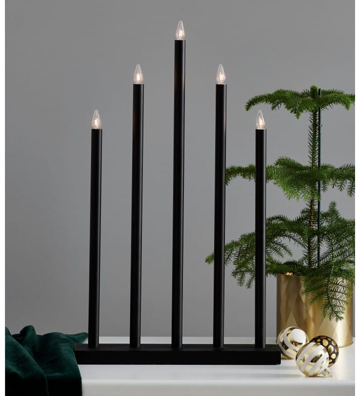 Czarny 5 pkt świecznik o prostej formie Holy połączenie stali z drewnem