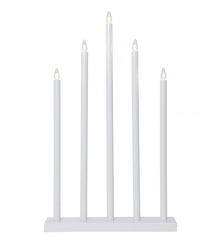 Biały nowoczesny 5 pkt świecznik o prostej formie Holy stal drewno na komodę półkę okno parapet