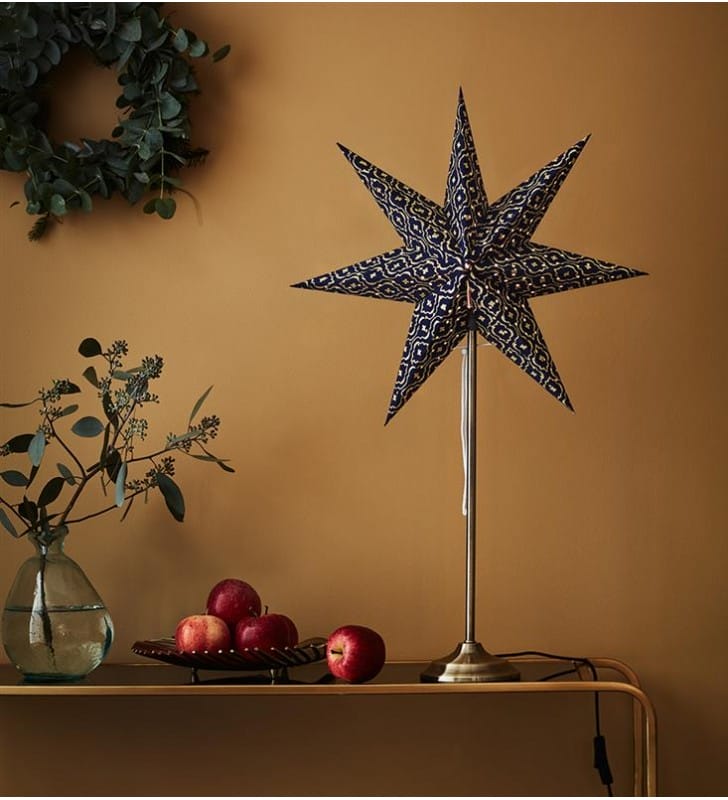 Świąteczna elegancka lampa stojąca Baroque granatowo złoty abażur papierowa gwiazda podstawa metal patyna