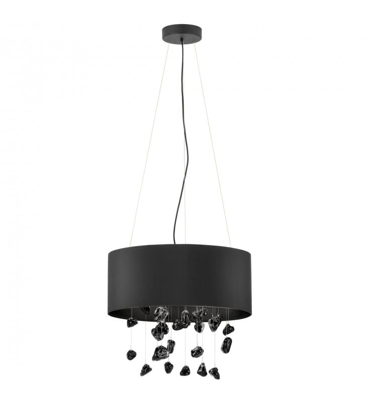 Czarna stylowa lampa wisząca z czarnymi szklanymi kamieniami Escuela okrągła 53cm do salonu jadalni nad stół